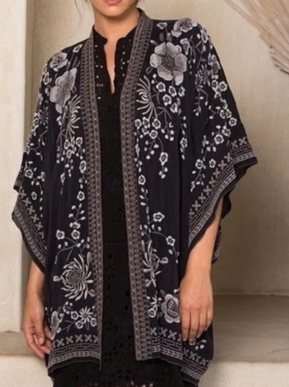 Johnny Was Okinawa Black Kimono Cardigan with White Floral Embroidery Size M